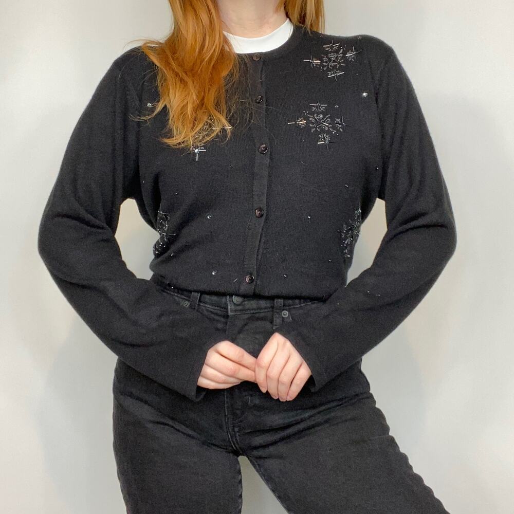 Vintage 90s Norton McNaughton Black Beaded Snowflake Print Button Down Cardigan